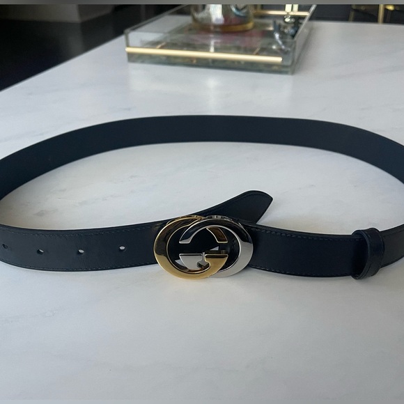 Gucci Black Leather Two-Tone Interlocking G Belt - Picture 7 of 9